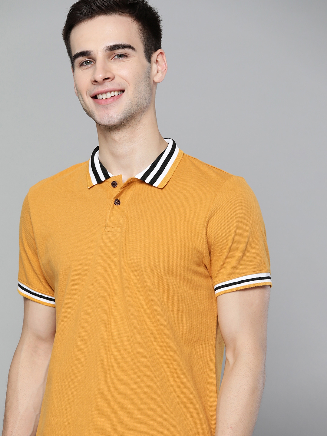 Buy Mast & Harbour Men Mustard Yellow Pure Cotton Solid Polo Collar T ...