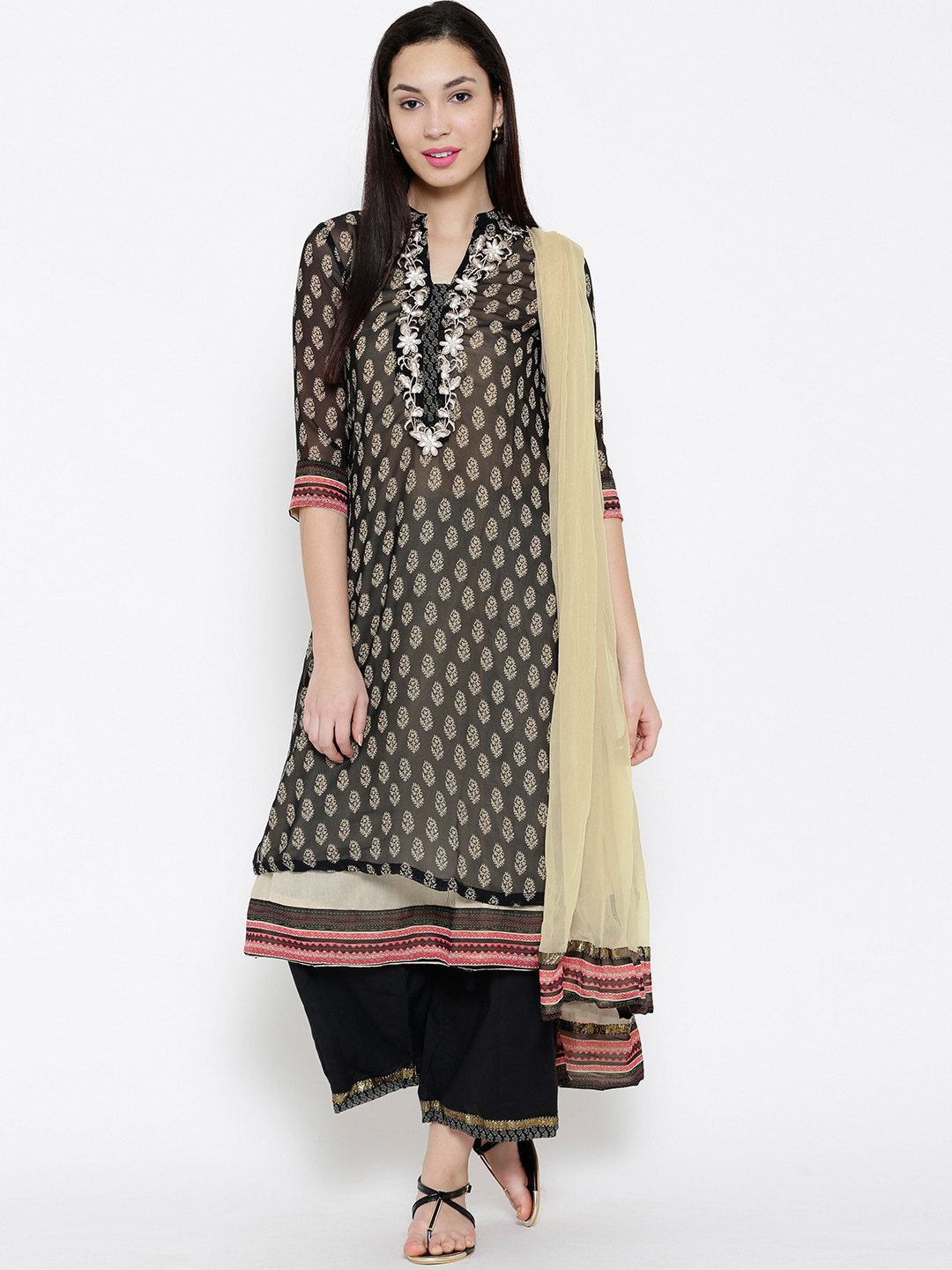 Buy Biba Black & Beige Printed Kurta With Palazzo Trousers & Dupatta
