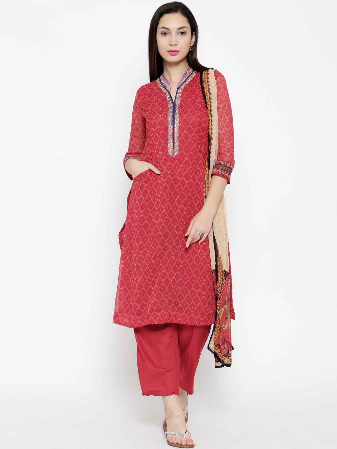 Buy BIBA Red Printed Kurta With Palazzo Trousers & Dupatta Kurta Sets
