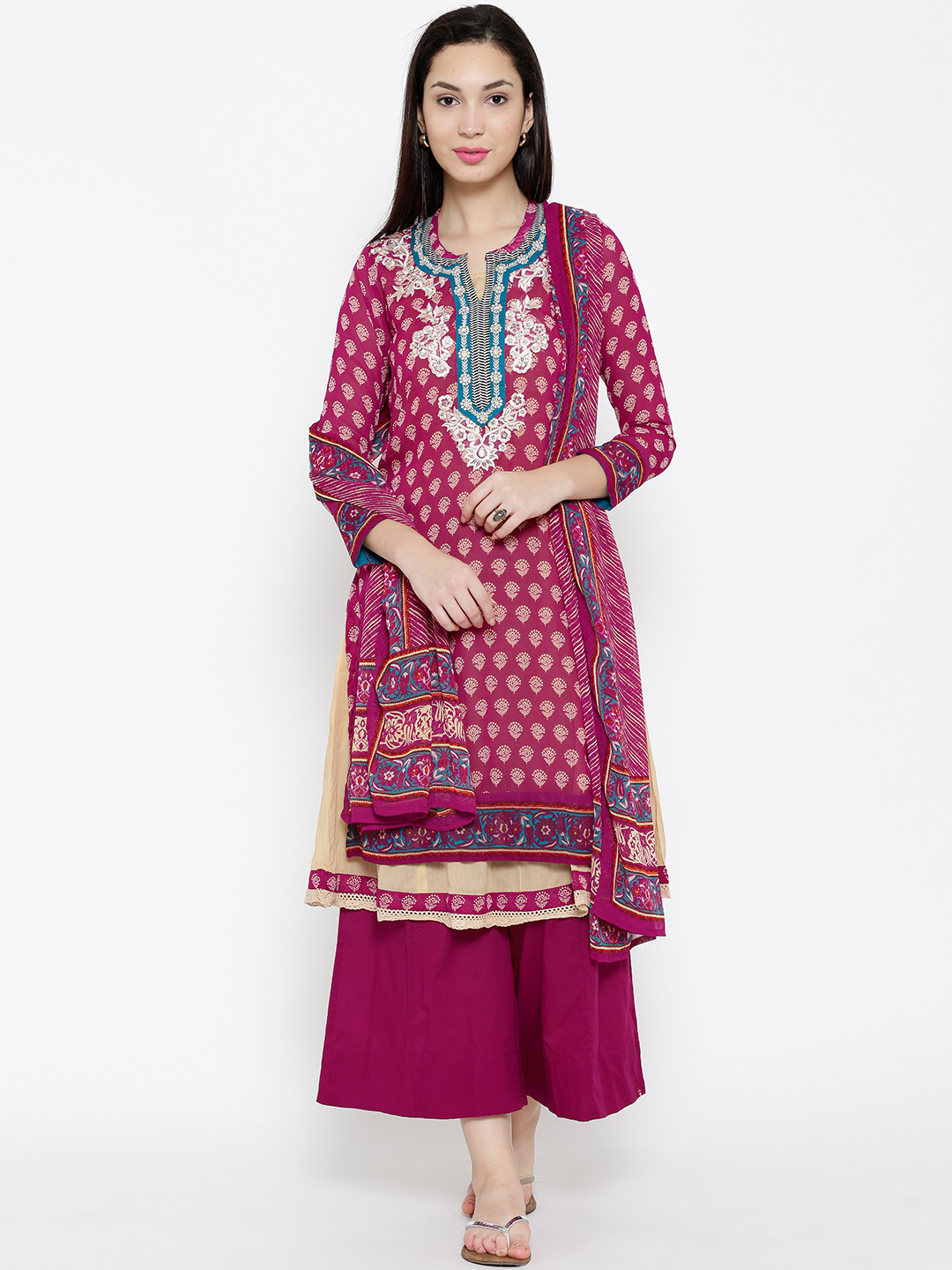 Buy Biba Magenta Embroidered Printed Kurta With Palazzo Trousers
