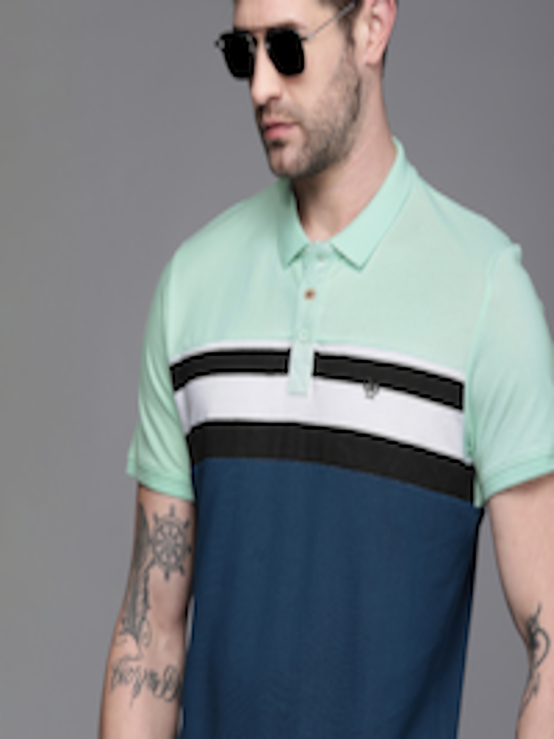 Buy WROGN Men Green & Navy Blue Colourblocked Slim Fit Polo Collar Pure ...