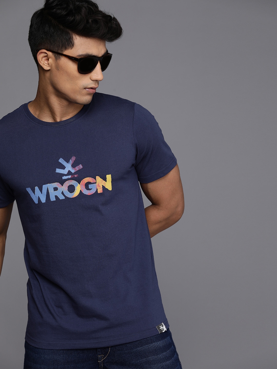 Buy WROGN Men Blue Brand Logo Printed Slim Fit T Shirt - Tshirts for ...