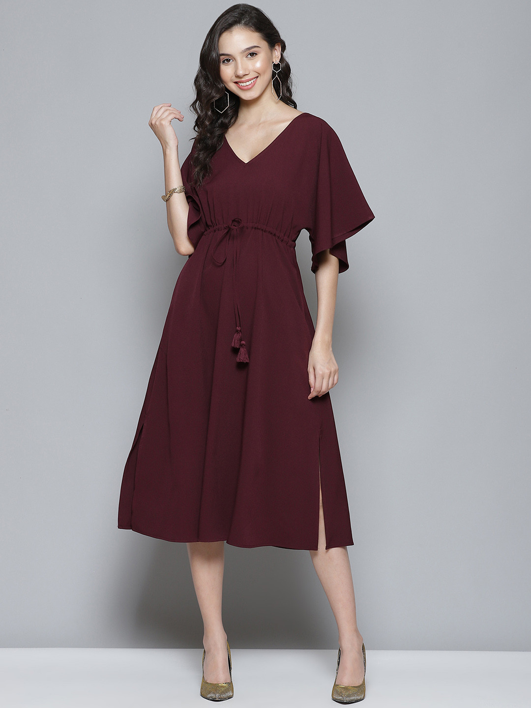 Buy Femella Burgundy Solid Kaftan Sleeves Midi A Line Dress With Waist