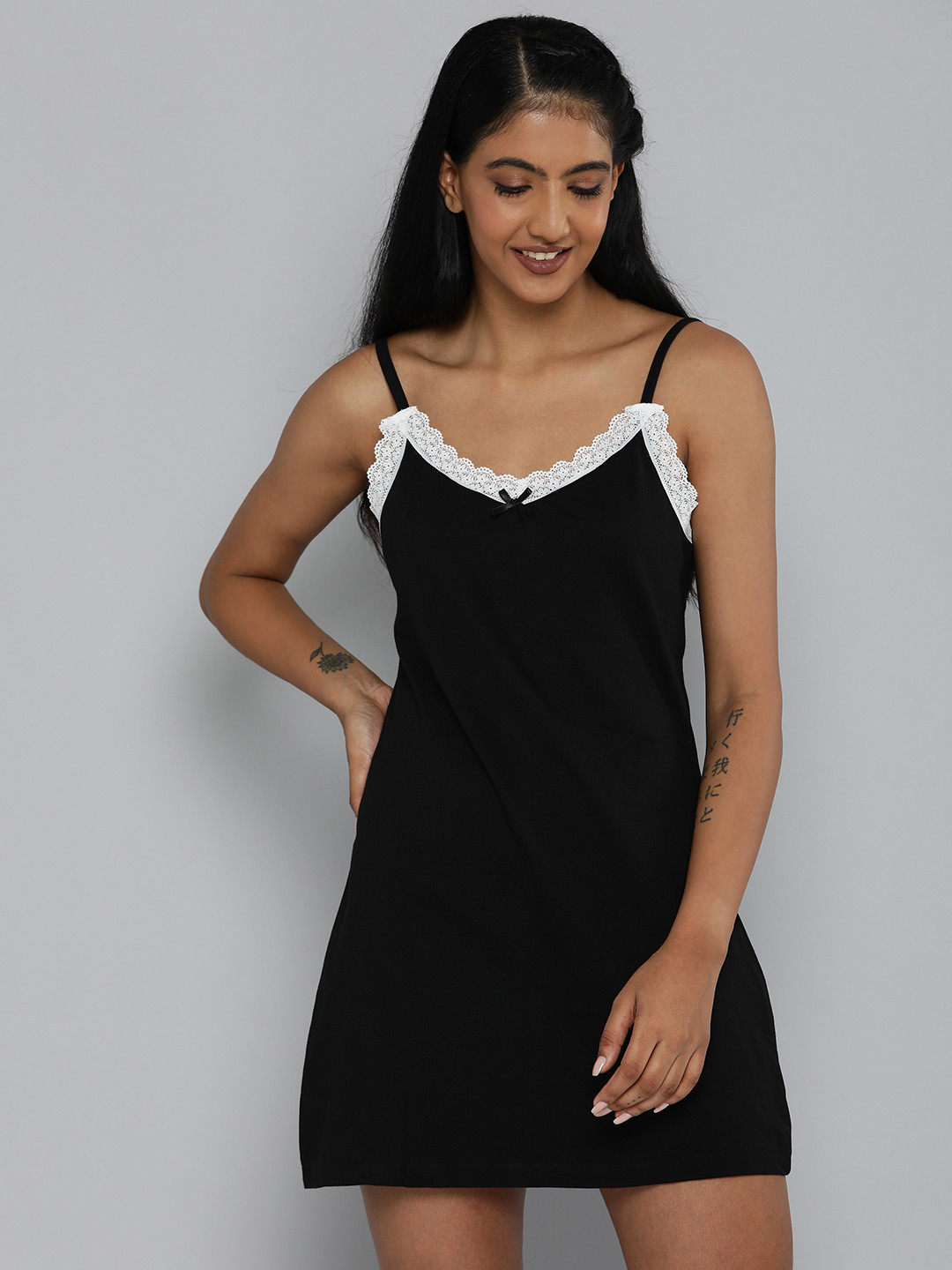 Buy HERE&NOW Women Black Pure Cotton Nightdress With Lace Detail
