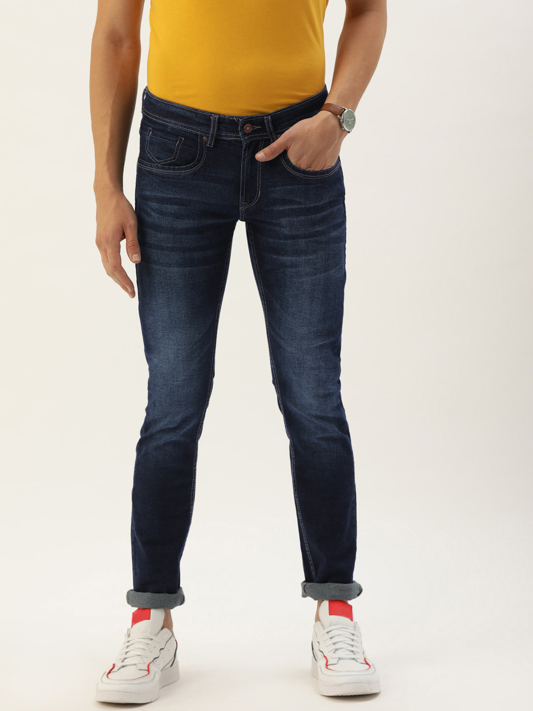 Buy PETER ENGLAND UNIVERSITY Men Navy Blue Skinny Fit Light Fade