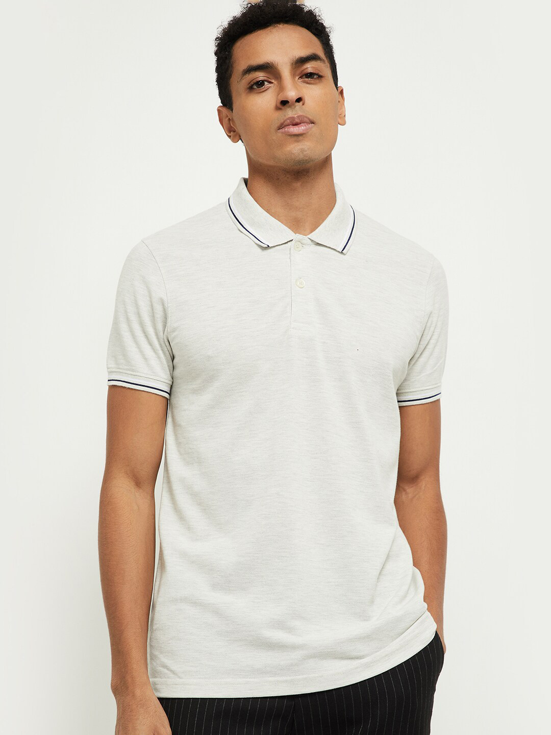 Men's Off White Solid Polo Collar T-Shirt