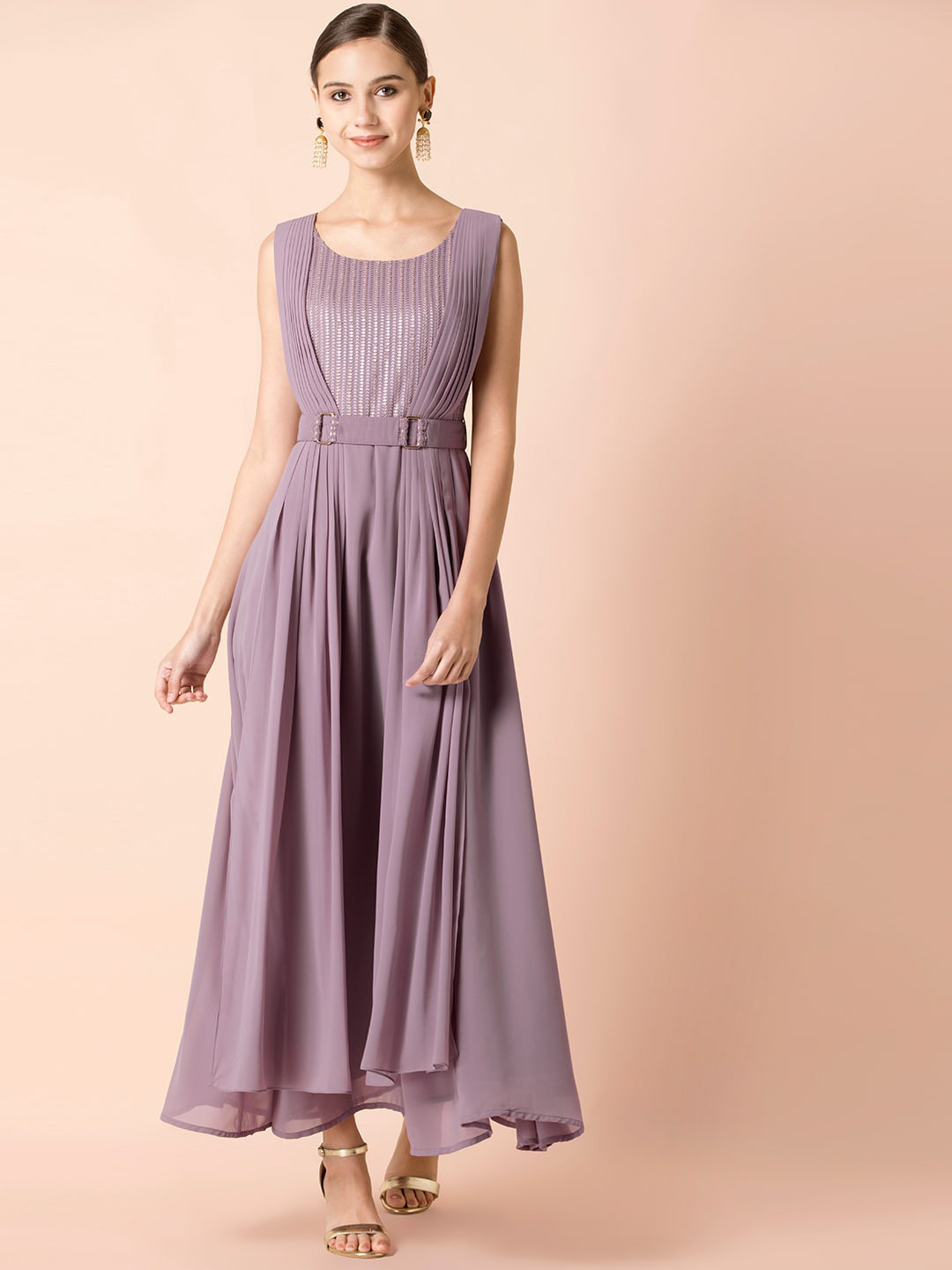 AAYU Women Georgette Solid Purple Maxi Dress