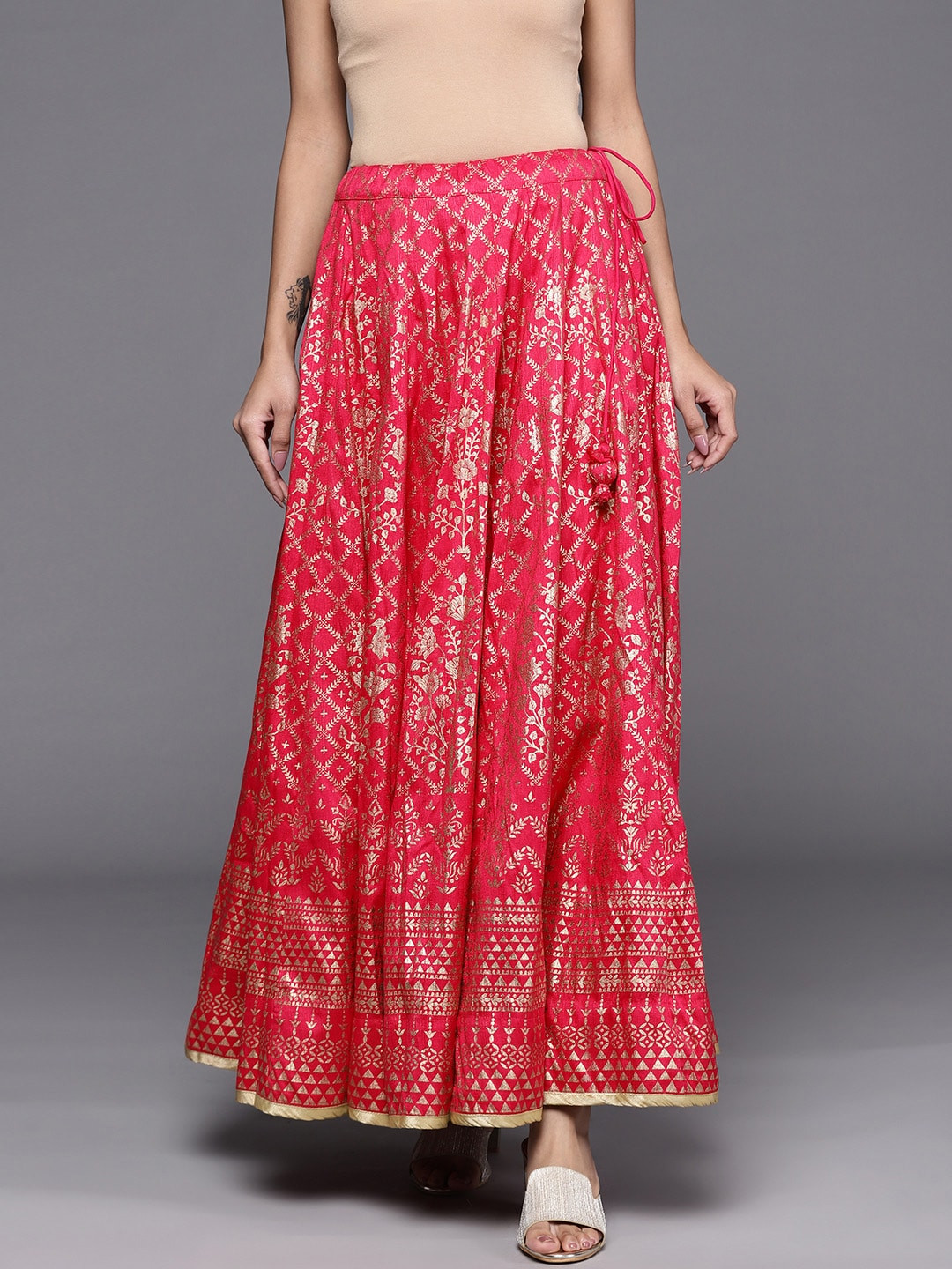 Buy Biba Women Pink & Golden Printed Maxi Flared Ethnic Skirt Skirts