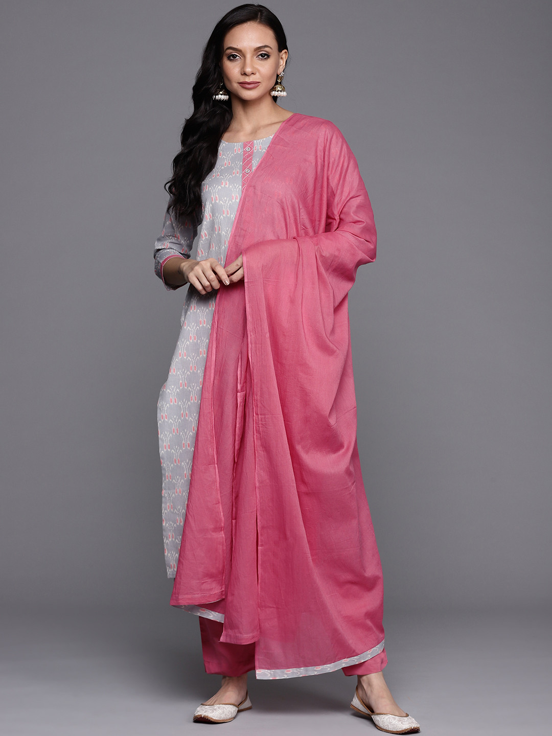 Buy Biba Grey & Pink Printed Pure Cotton Unstitched Dress Material