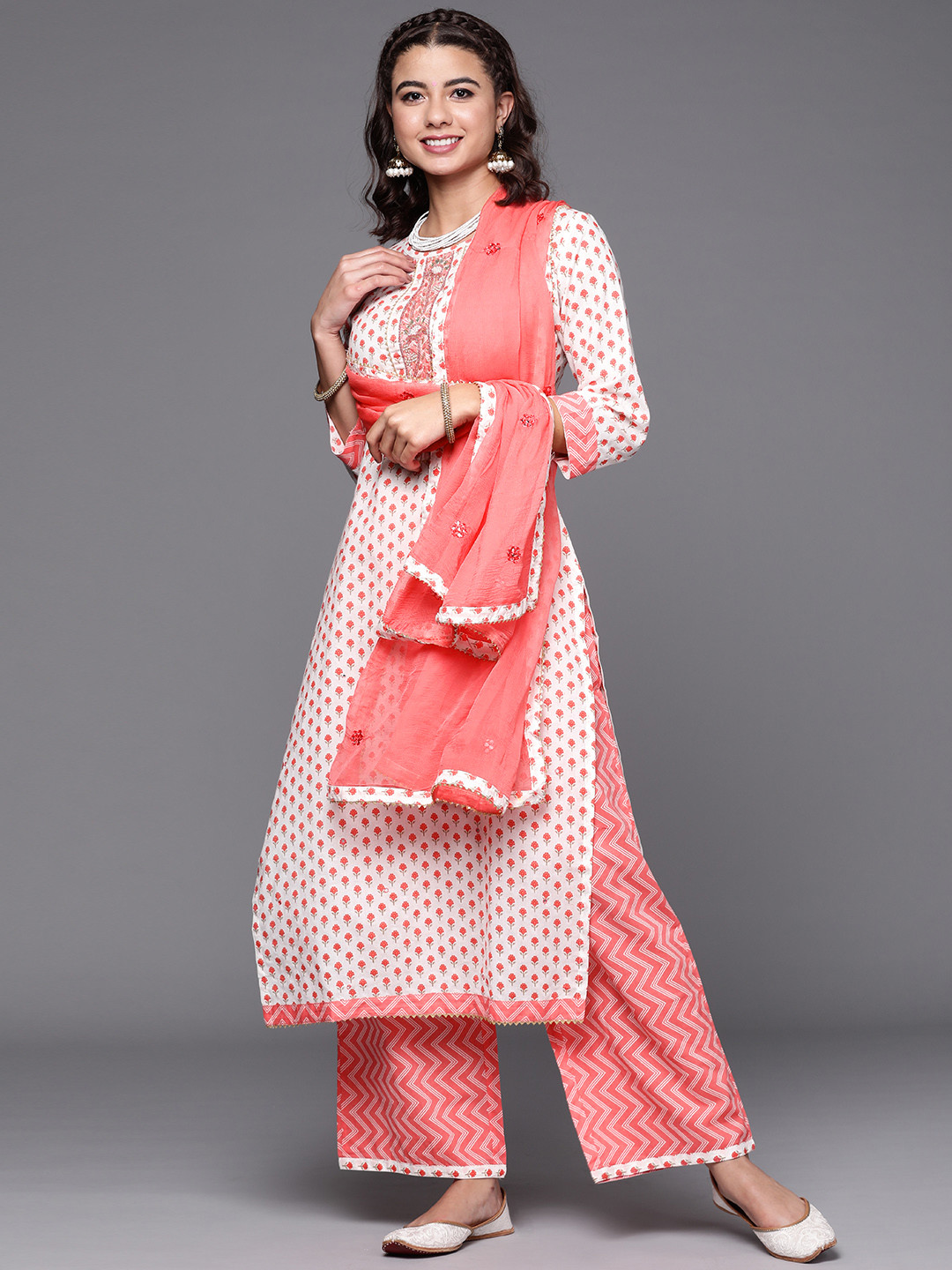 Buy Biba Women Coral Red & White Printed Pure Cotton Unstitched Dress