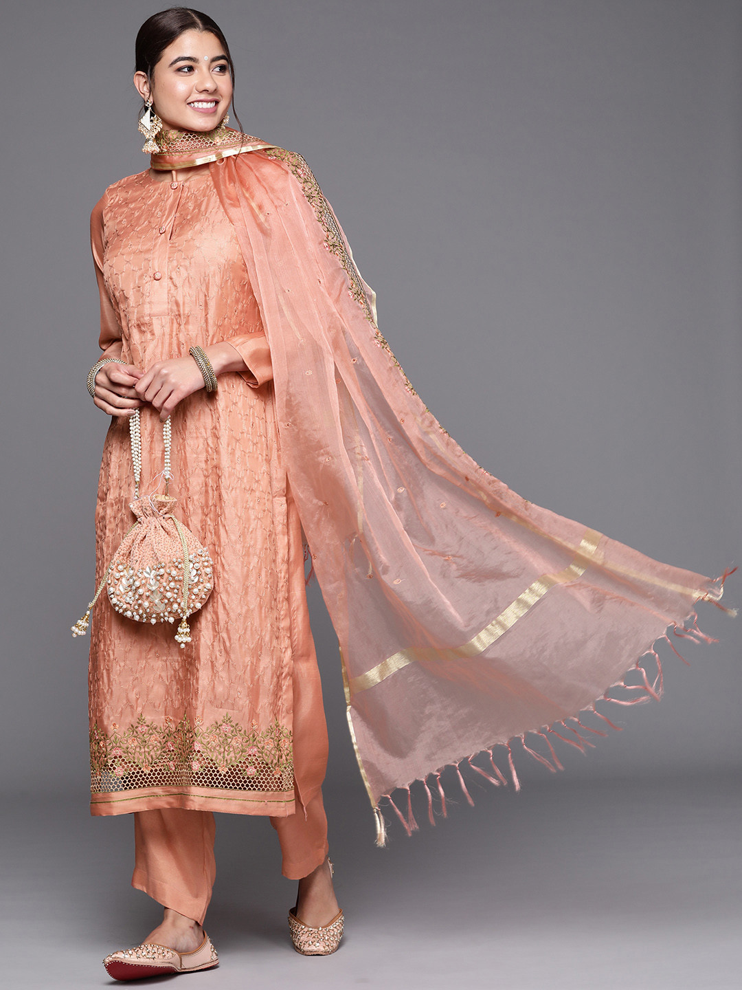 Buy Biba Peach Coloured Embroidered Art Silk Unstitched Dress Material