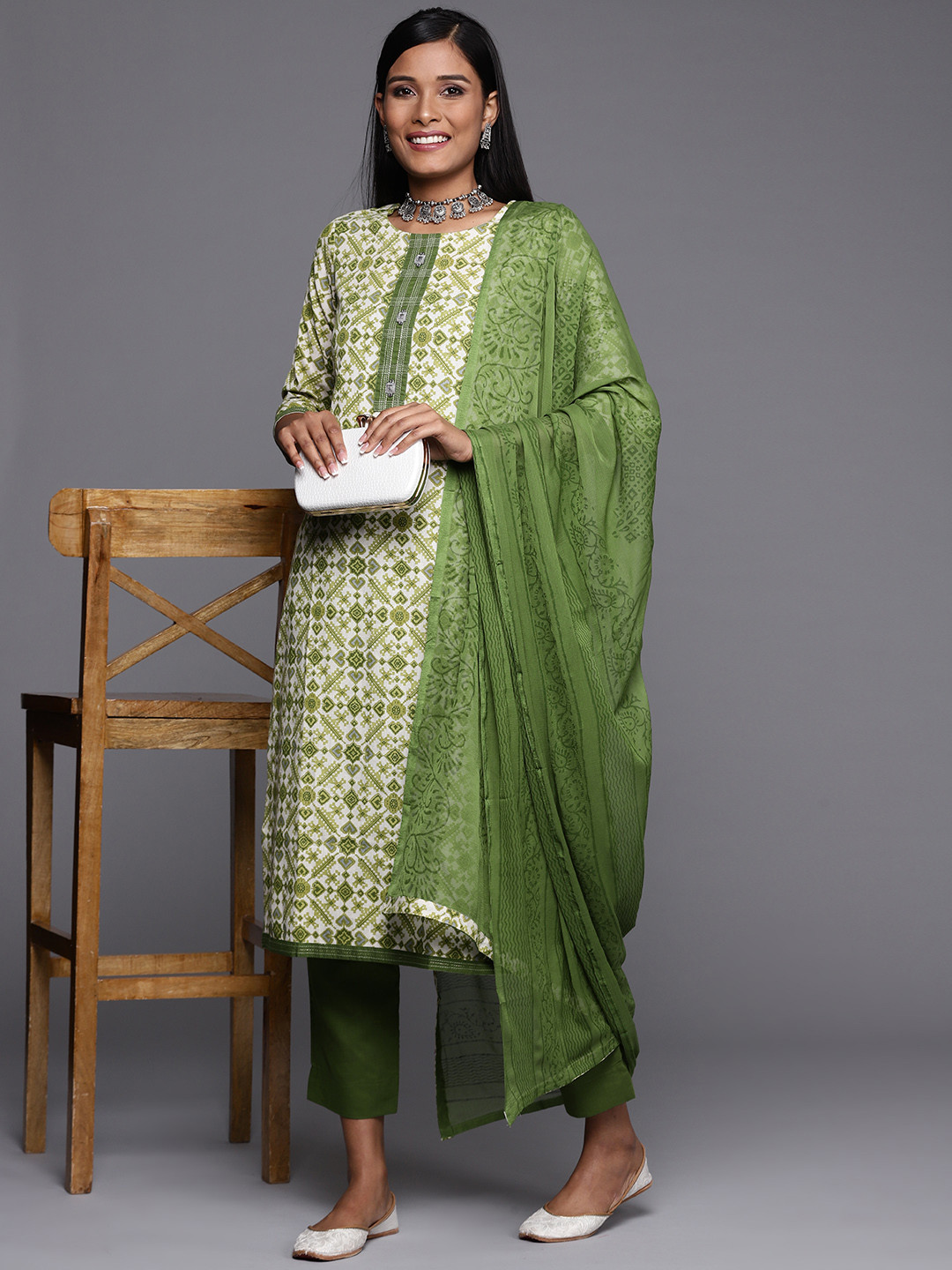 Buy Biba Green & White Printed Pure Cotton Unstitched Dress Material