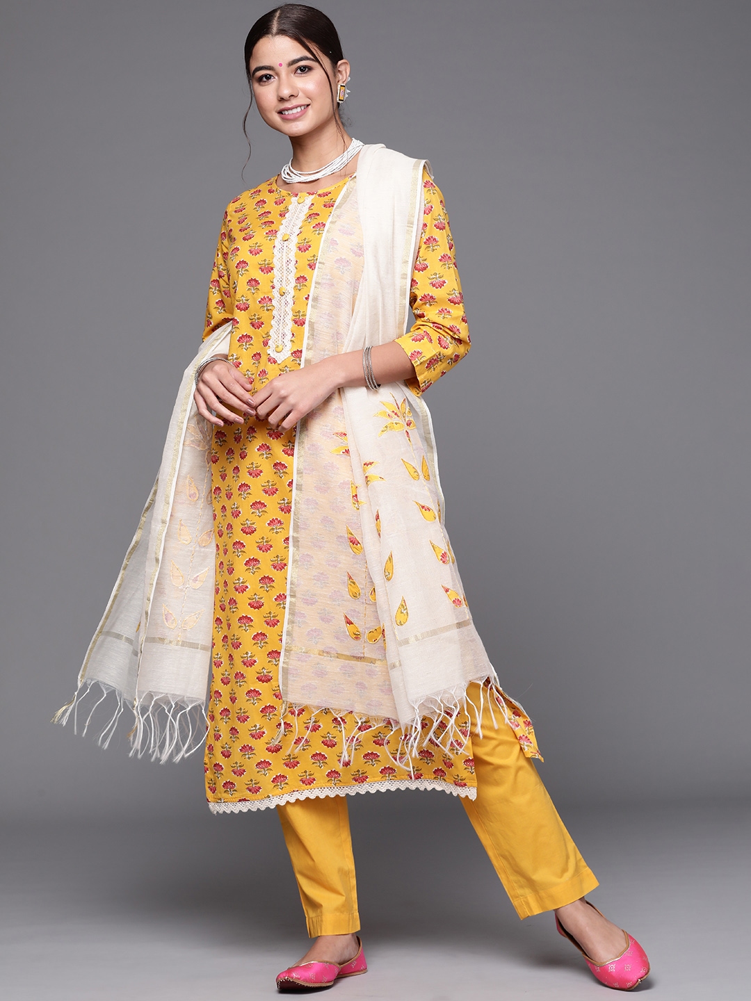 Buy Biba Yellow Printed Pure Cotton Unstitched Dress Material Dress