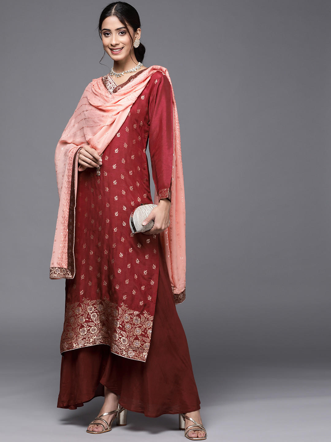 Buy Biba Maroon & Pink Raw Silk Unstitched Dress Material Dress