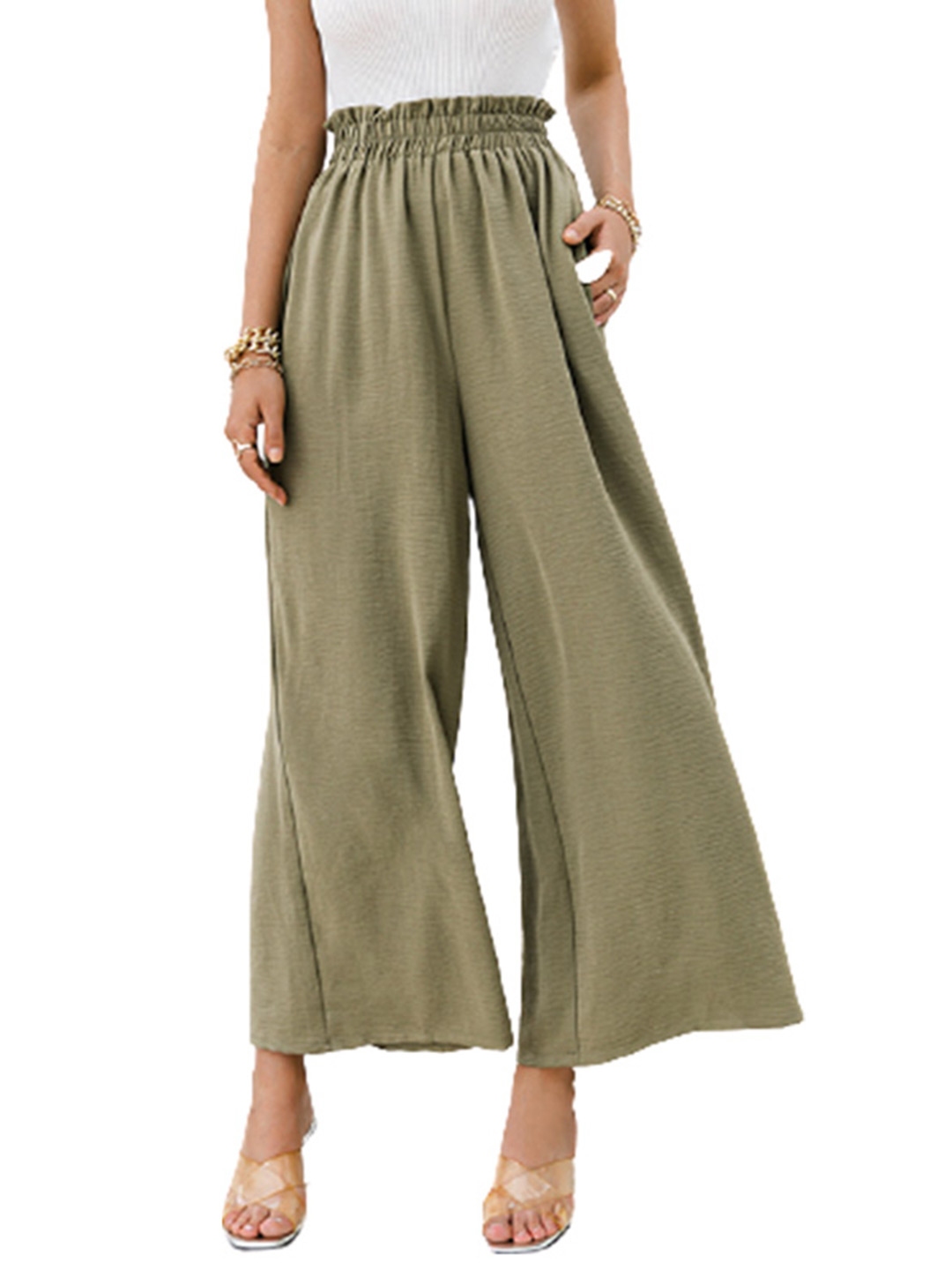 Buy URBANIC Women Olive Green Solid Relaxed Wide Leg Trousers ...