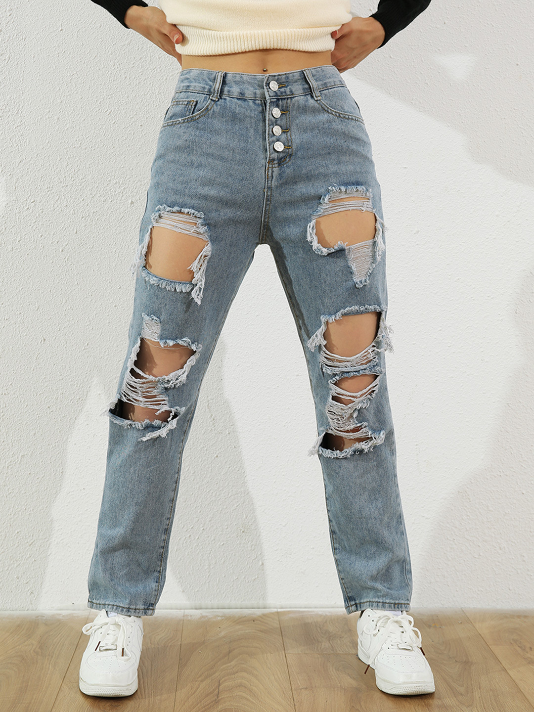 Buy URBANIC Women Blue Highly Distressed Ripped Straight Leg Jeans