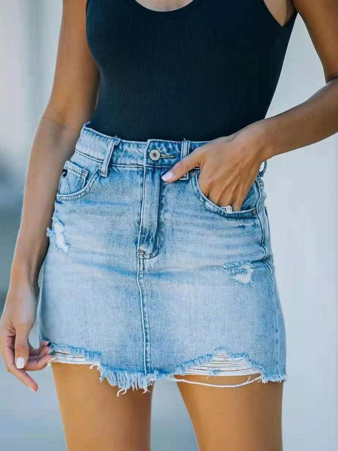 Buy URBANIC Blue Washed Raw Hem Straight Denim Skirt Skirts for Women