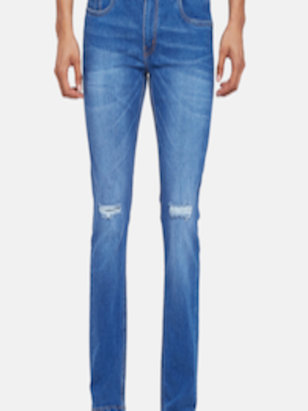 Buy People Men Blue Slim Fit Slash Knee Light Fade Jeans - Jeans for ...