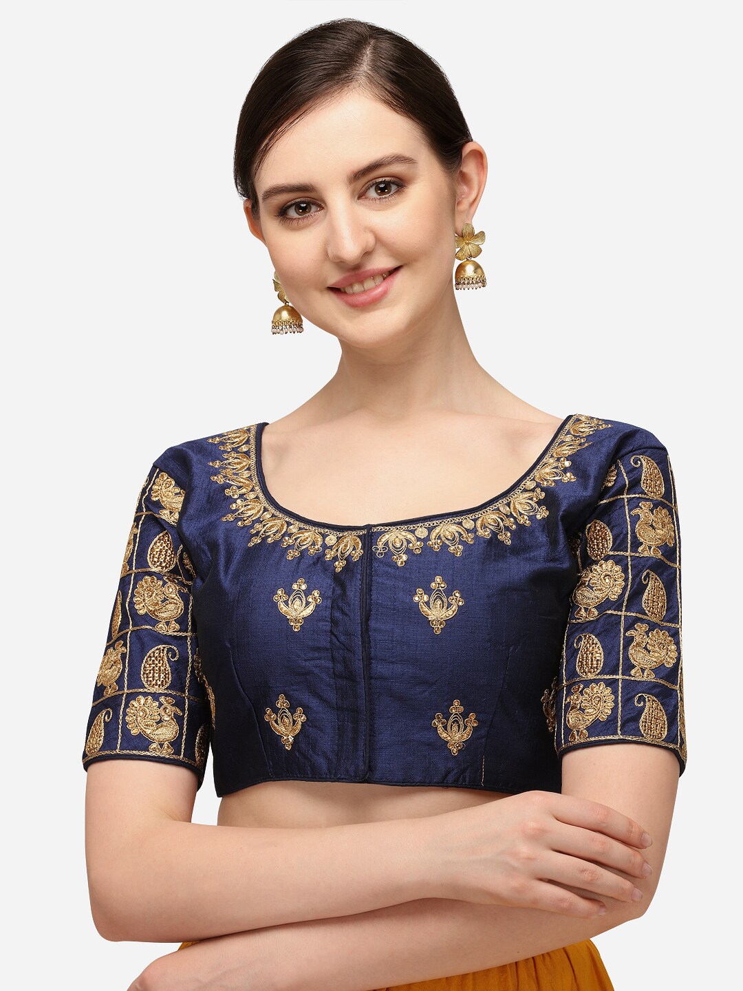Buy Mesmore Navy Blue & Gold Coloured Embroidered Silk Saree Blouse ...