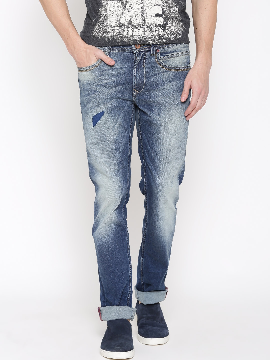 Buy SF Jeans By Pantaloons Men Navy Cobain Fit Mid Rise Low Distress ...