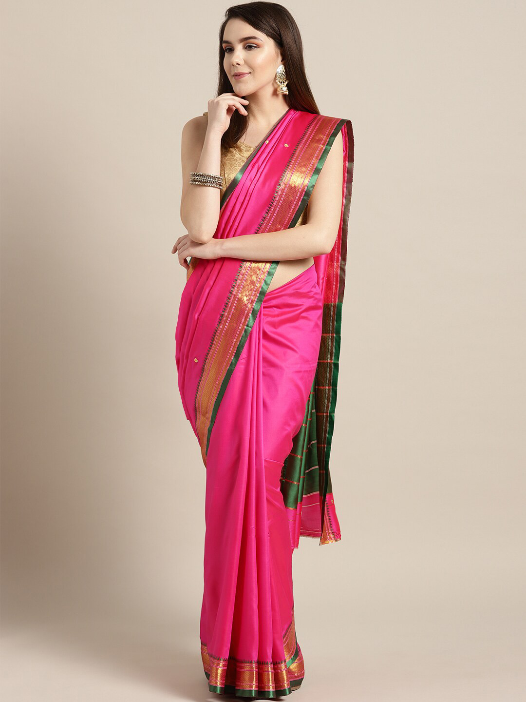 Buy Mitera Pink & Green Ethnic Motifs Zari Saree Sarees for Women