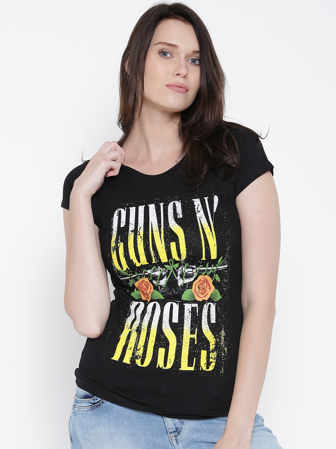 Buy Free Authority Women Black Guns Roses Printed Pure Cotton T Shirt Tshirts for Women