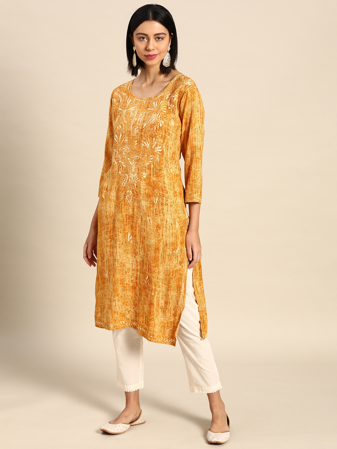 Buy Saadgi Women Mustard Yellow Ethnic Print Chikankari Embroidered