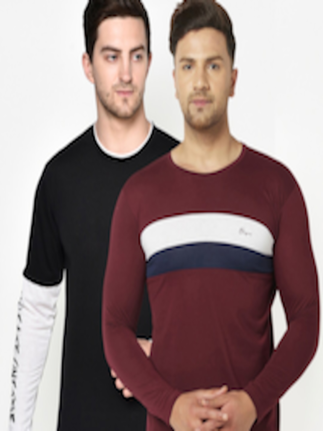 Buy ELEGANCE Men Pack Of 2 Burgundy & Black Colourblocked T Shirt ...