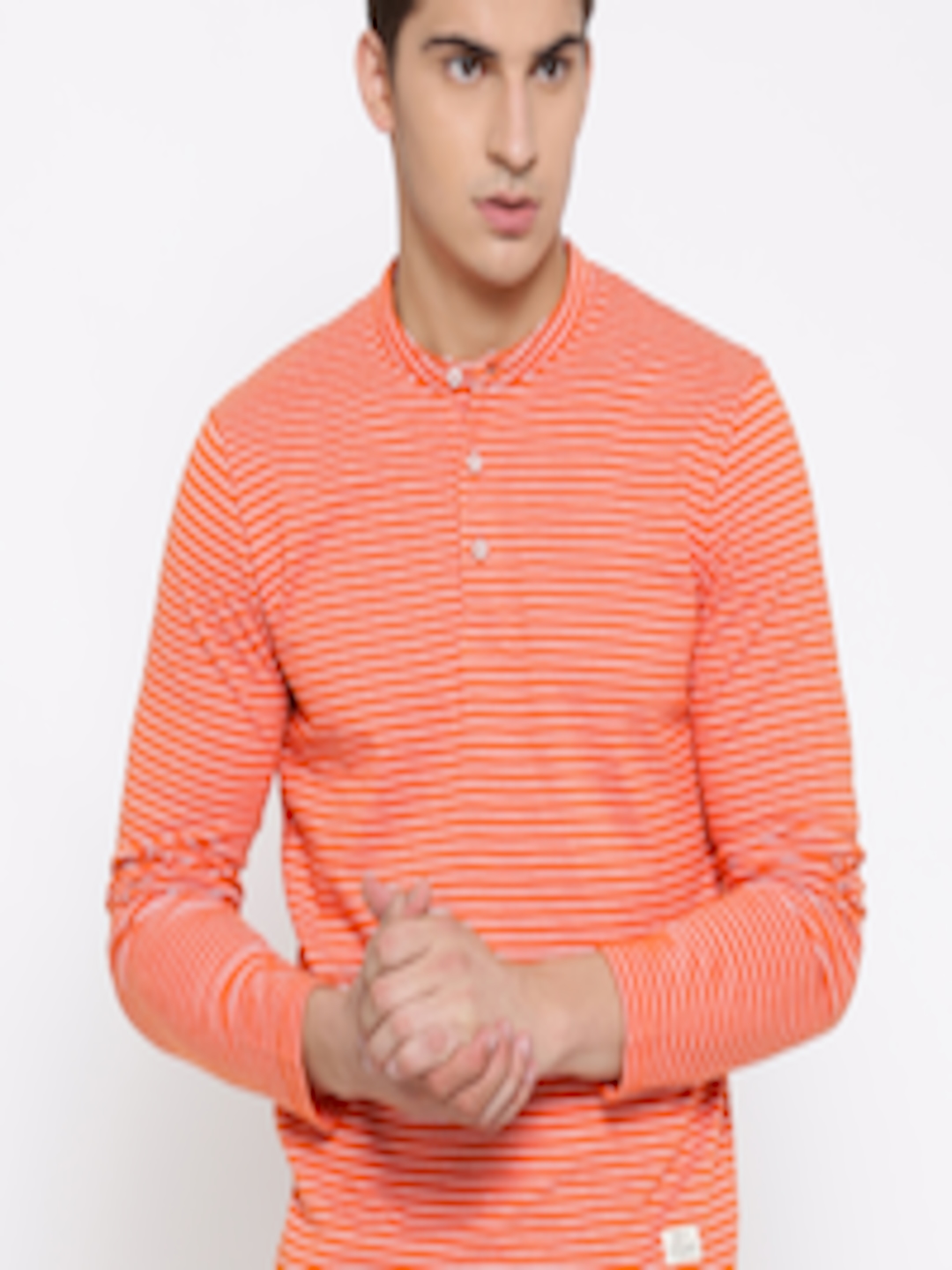Buy United Colors Of Benetton Men Orange Striped Henley Neck T Shirt ...