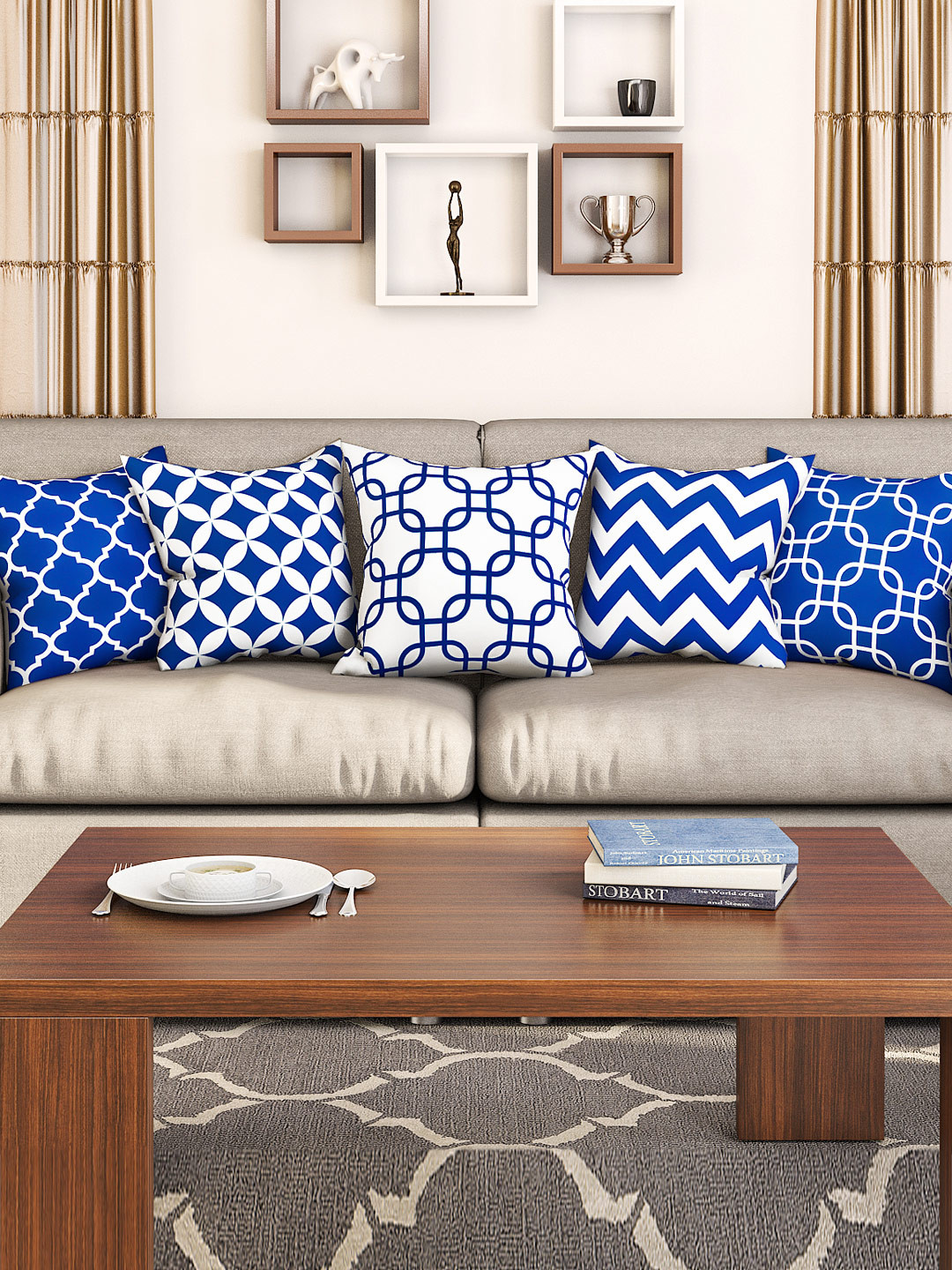 Buy SEJ By Nisha Gupta Blue & White Set Of 5 Printed 16'' X 16'' Square Cushion Covers Cushion