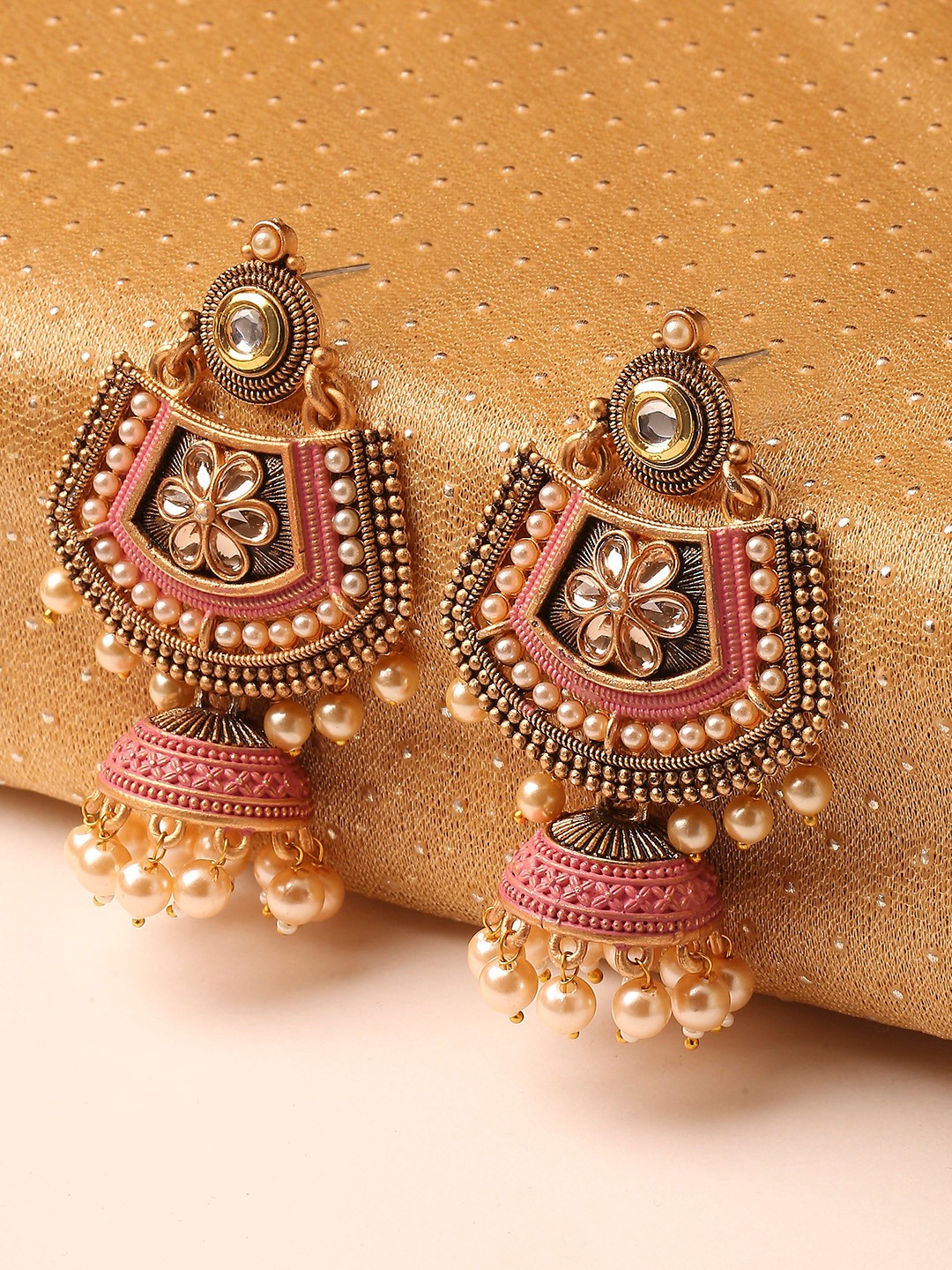 Buy OOMPH Pink Meenakari Kundan & Pearl Floral Ethnic Drop Jhumka