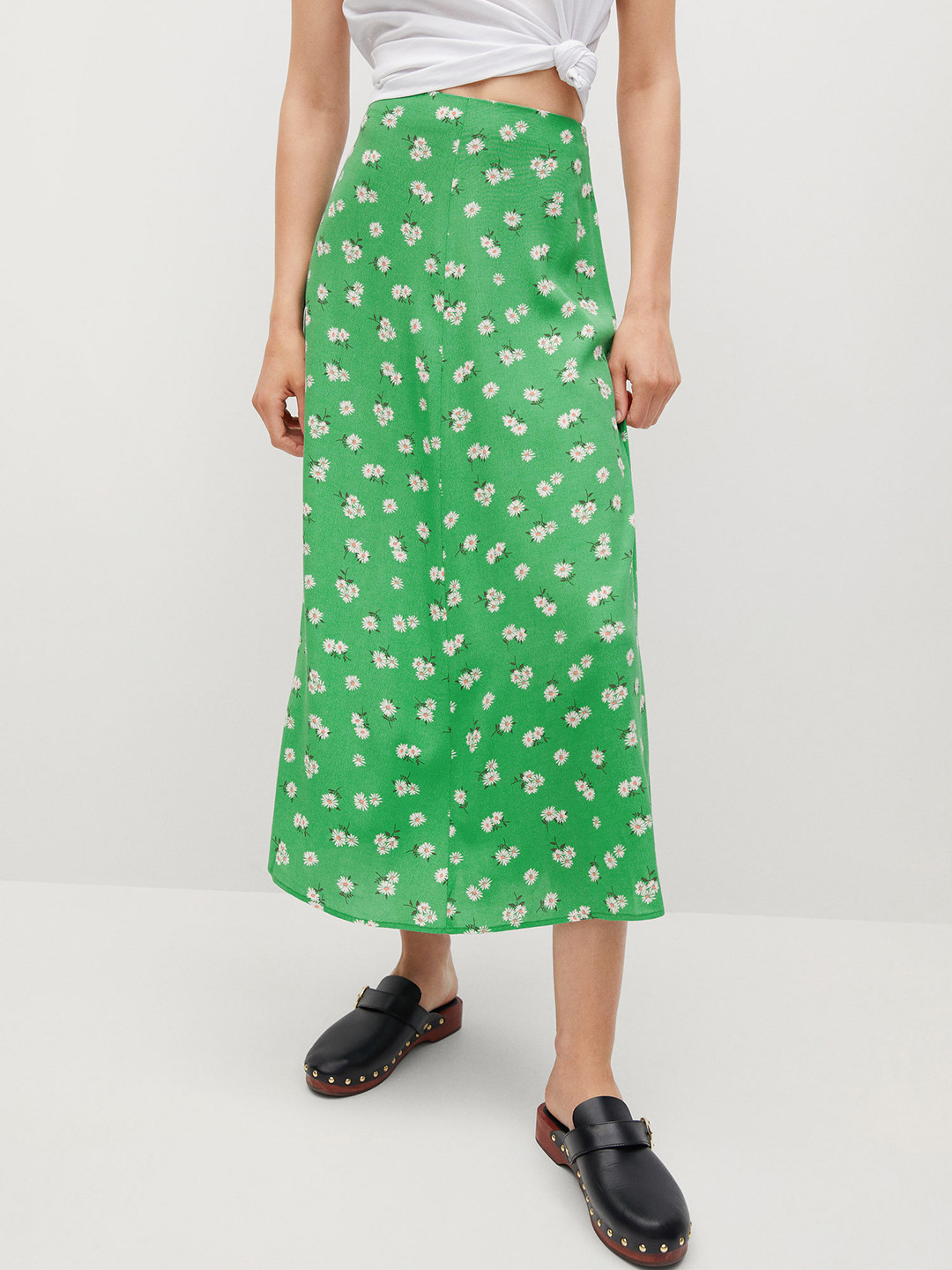 Buy MANGO Women Green & White Floral Printed Flared Midi Skirt Skirts