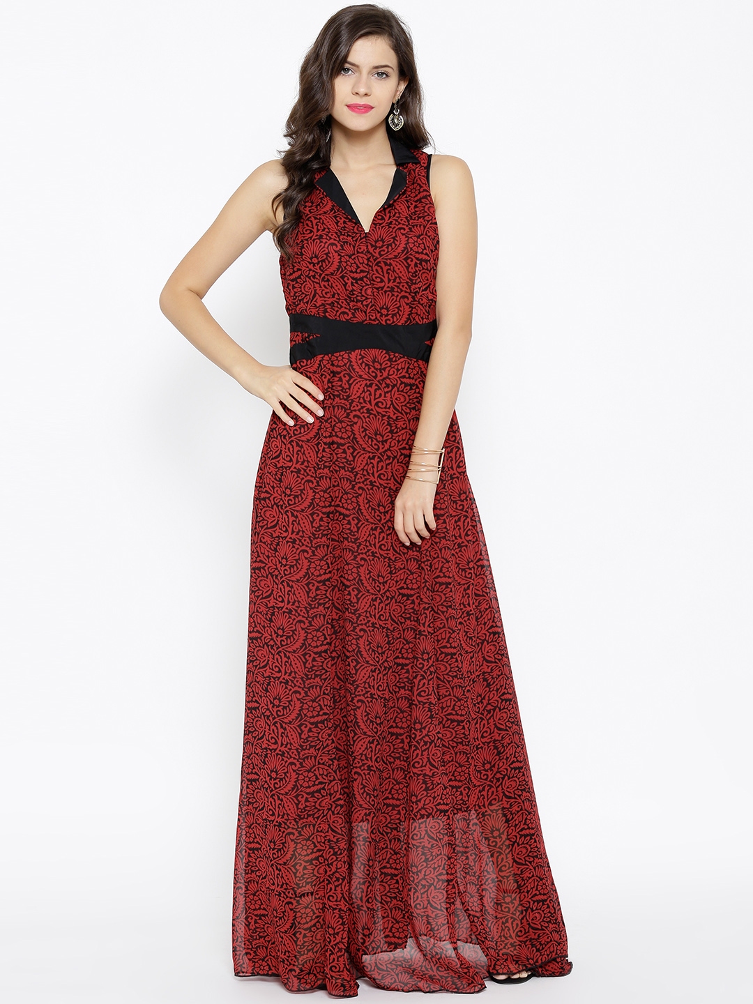 Buy SASSAFRAS Women Red & Black Printed Maxi Dress Dresses for Women