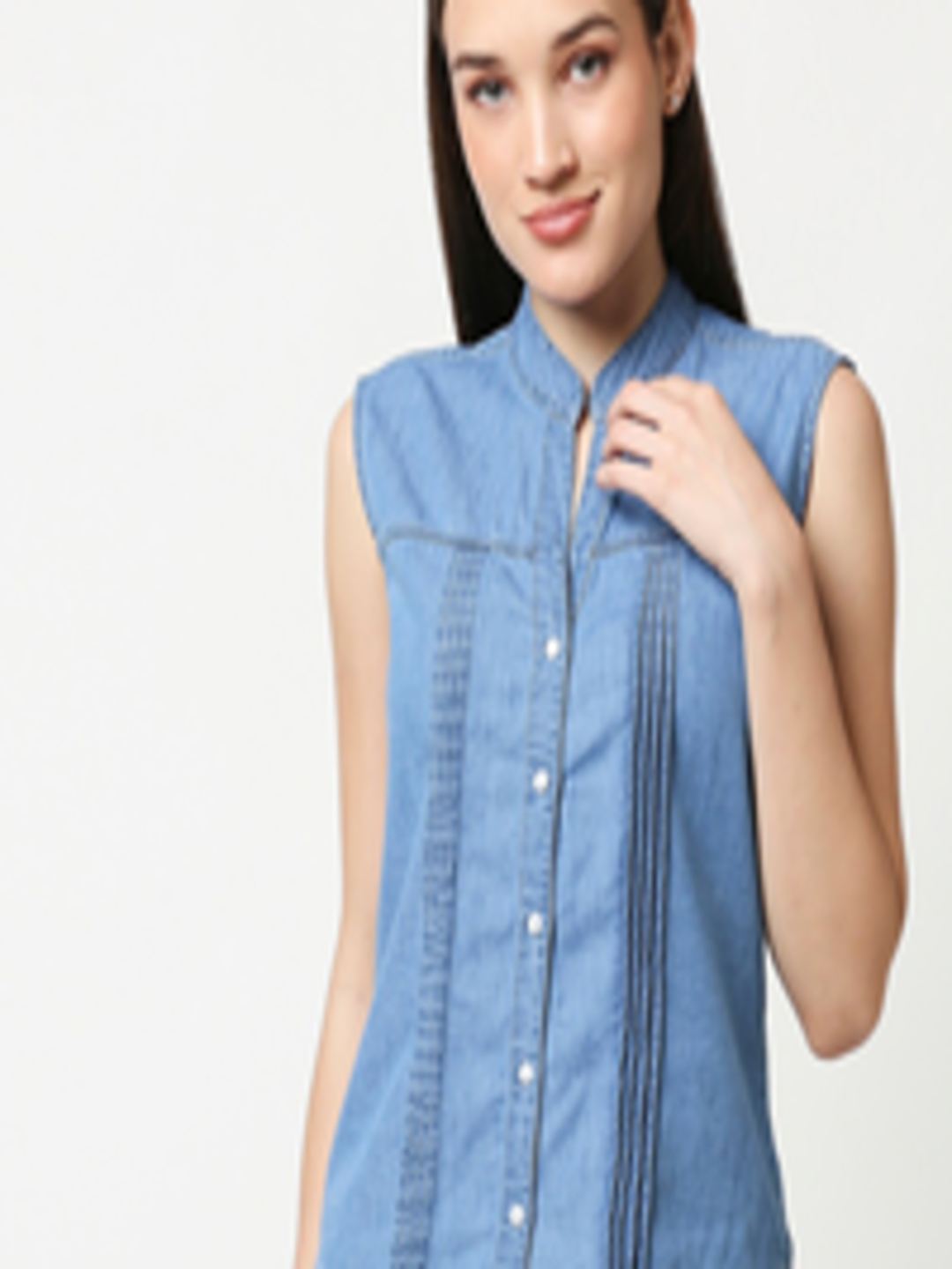 Buy High Star Women Blue Mandarin Collar Denim Shirt Style Top - Tops