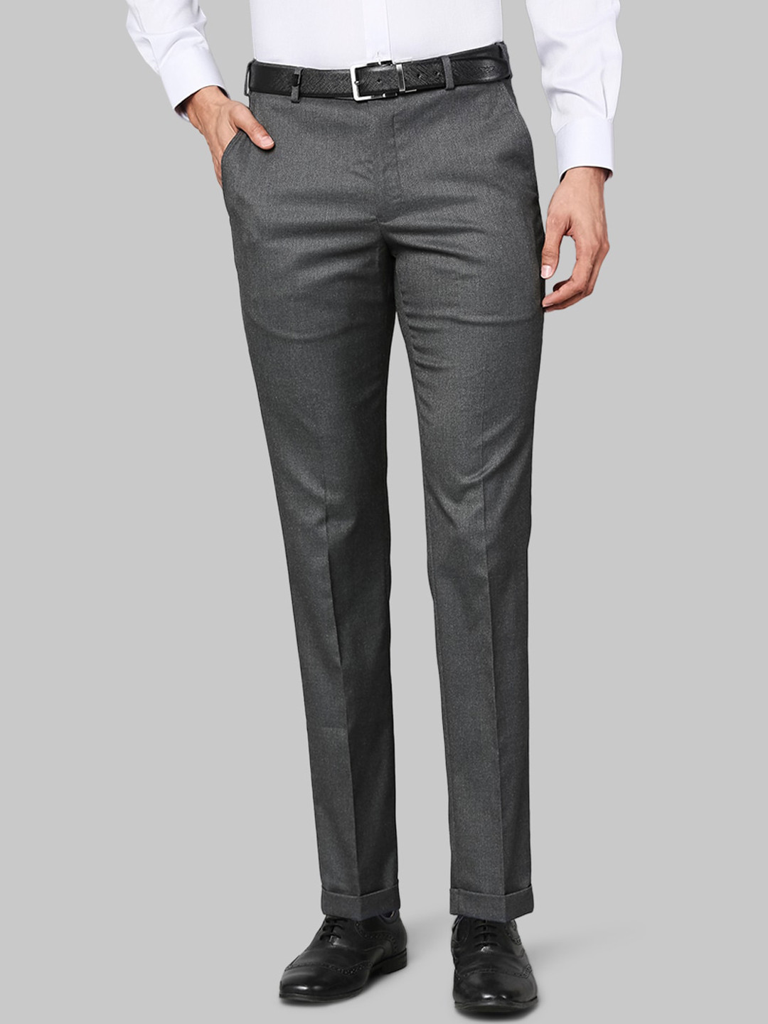 Buy Park Avenue Men Charcoal Grey Mid Rise Regular Fit Formal Trousers ...