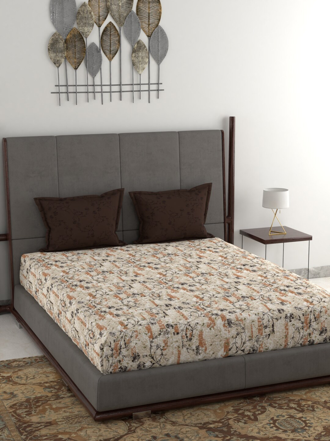 Buy Trident Brown & White Graphic 144 TC Queen Bedsheet With 2 Pillow