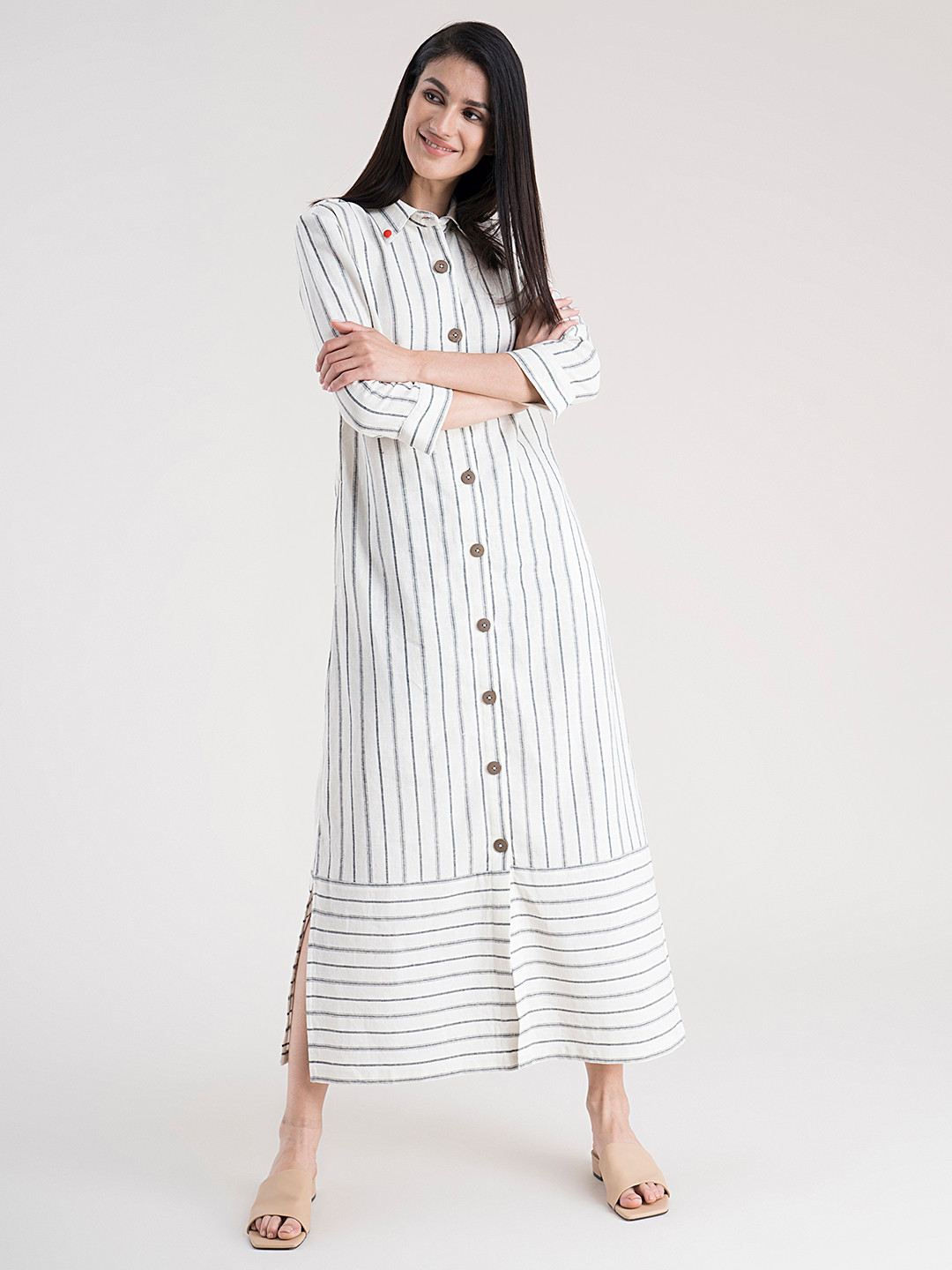 Buy FableStreet Off White & Black Striped Shirt Maxi Dress Dresses