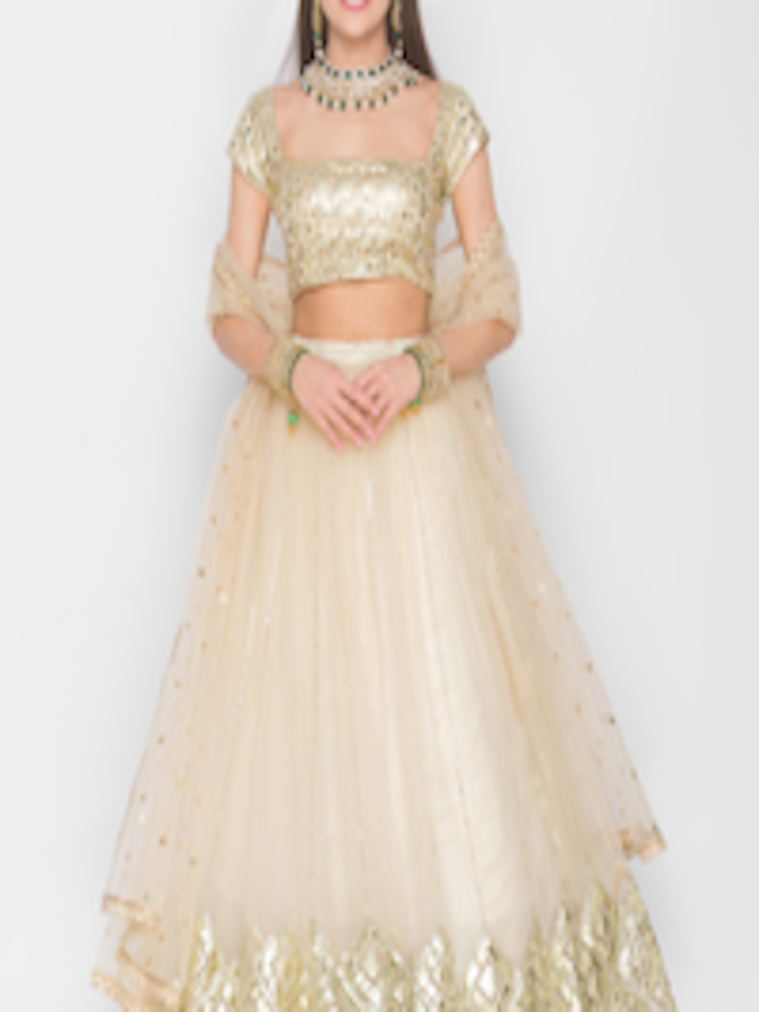 Buy 6Y COLLECTIVE Beige & Gold Toned Embroidered Sequinned Semi