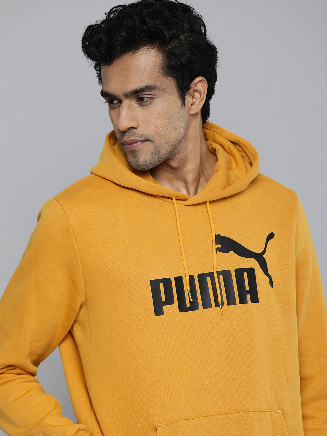 Buy Puma Men Mustard Yellow & Black Essential Big Logo Printed Hooded