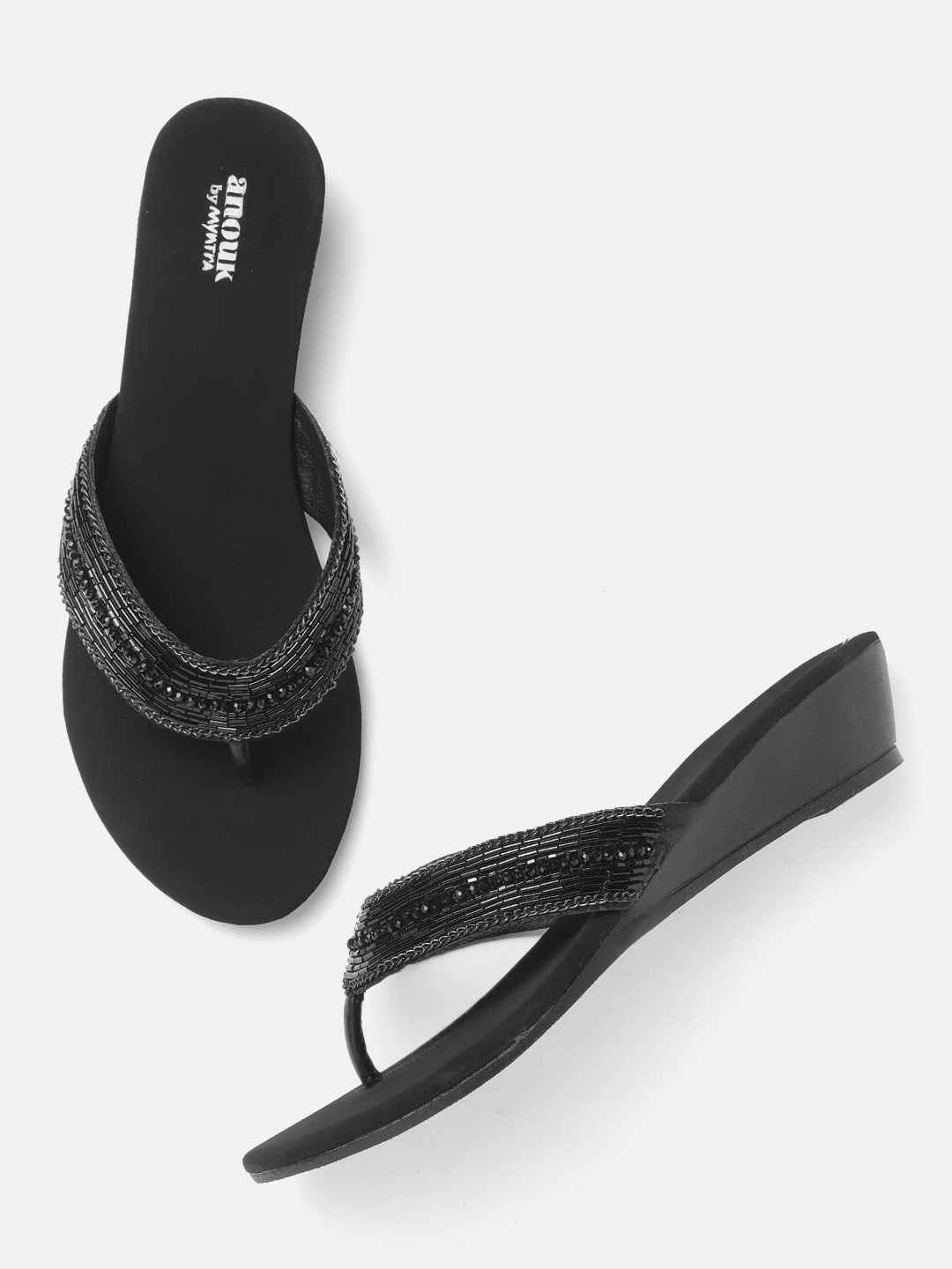 Buy Anouk Black Embellished Open Toe Wedges Heels for Women 15120868