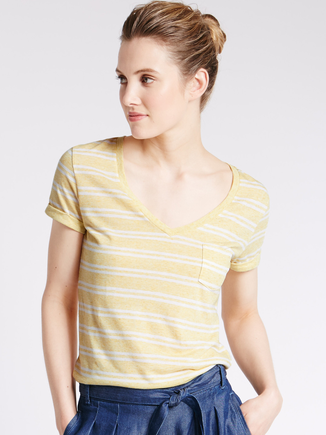 Buy Marks & Spencer Women Yellow & White Striped V Neck T Shirt