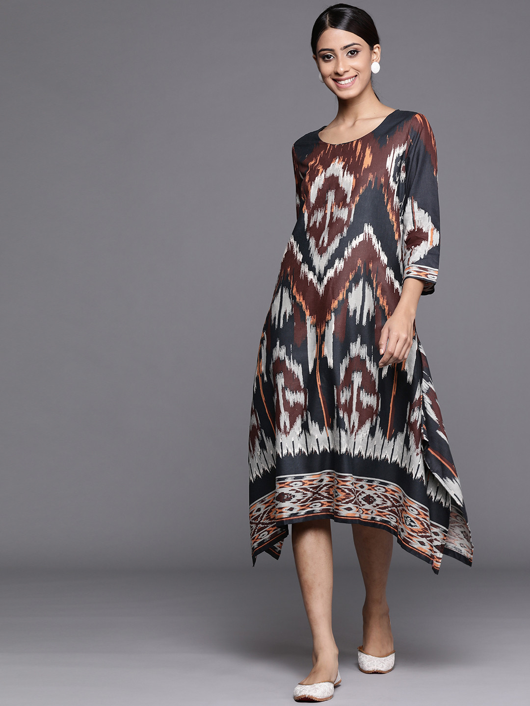 Buy Biba Navy Blue & Brown Printed A Line Midi Dress Ethnic Dresses