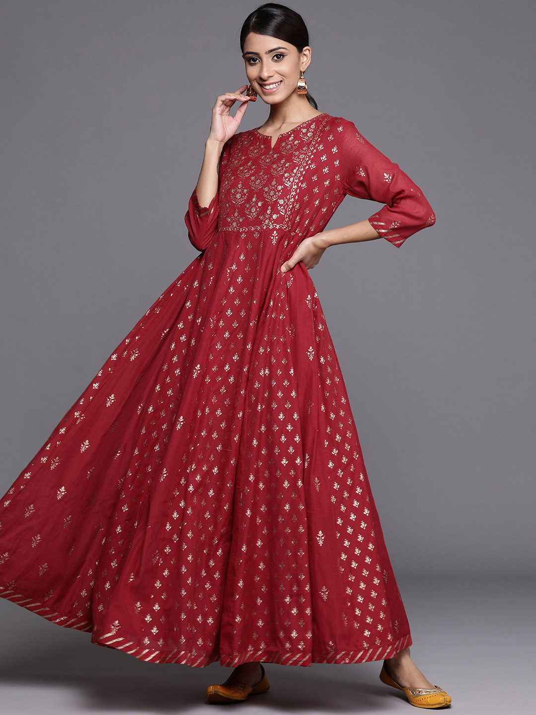 Buy Biba Maroon & Golden Ethnic Motifs Printed Maxi Dress Ethnic