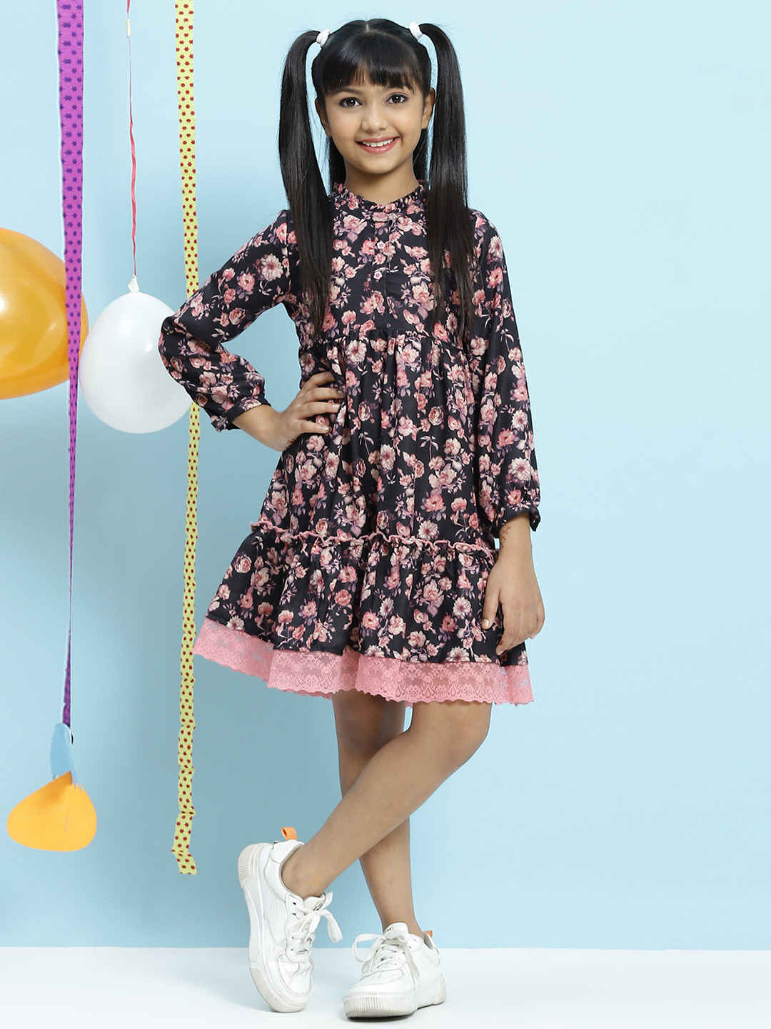 Buy Biba Girls Charcoal Grey & Pink Floral Print Tiered A Line Dress