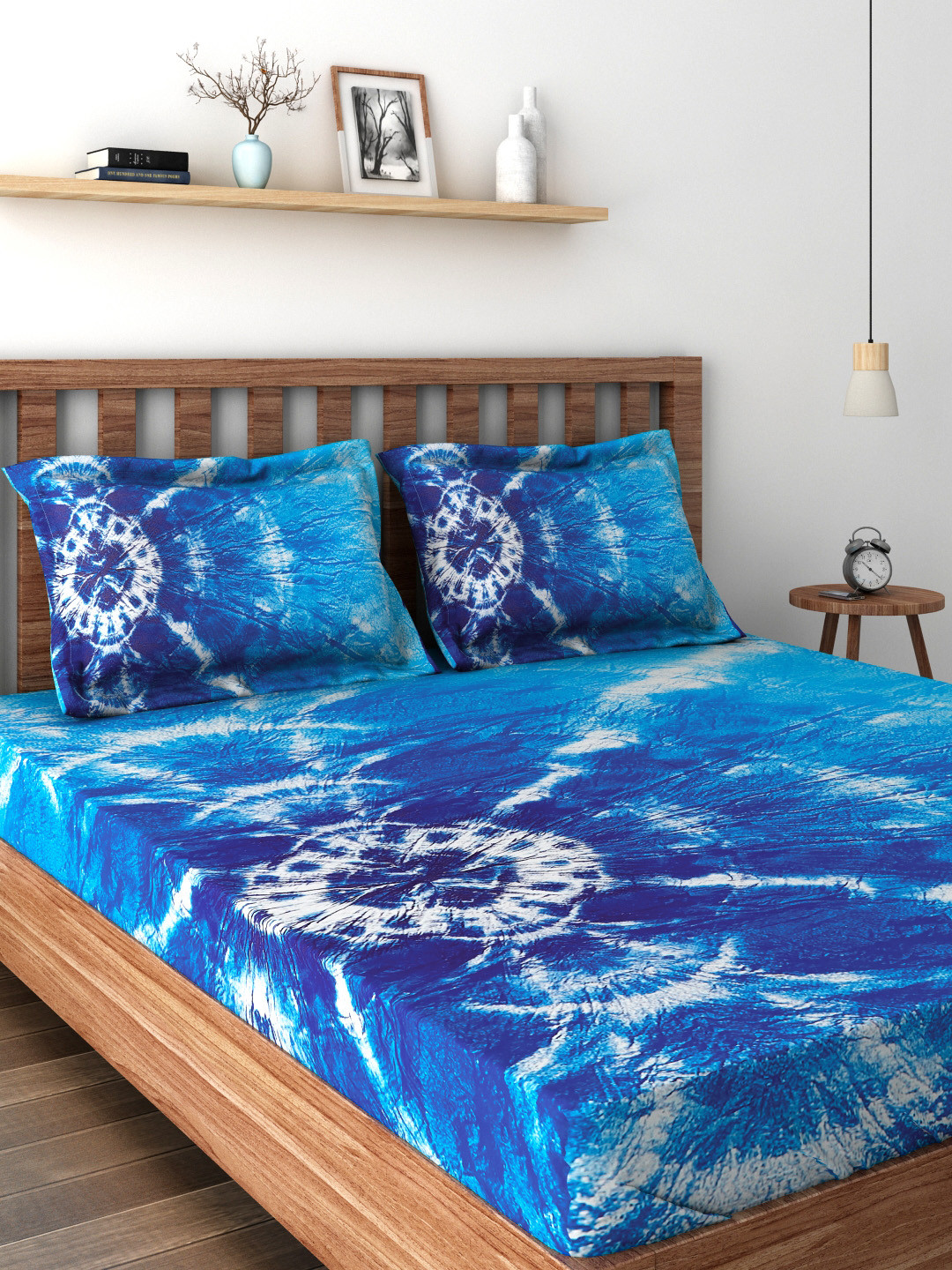 Buy SPACES Blue Cotton 210 TC Fine Double Bedsheet With 2 Pillow Covers