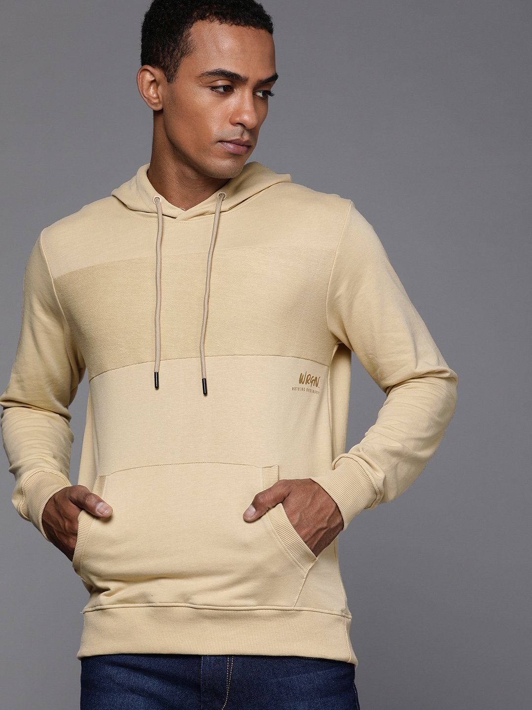 Buy WROGN Men Beige Self Design Detail Hooded Pullover Sweatshirt ...