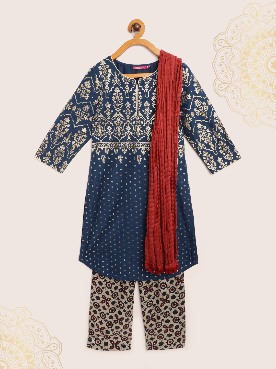 Buy Biba Girls Teal Blue & Beige Ethnic Motifs Printed Kurta With