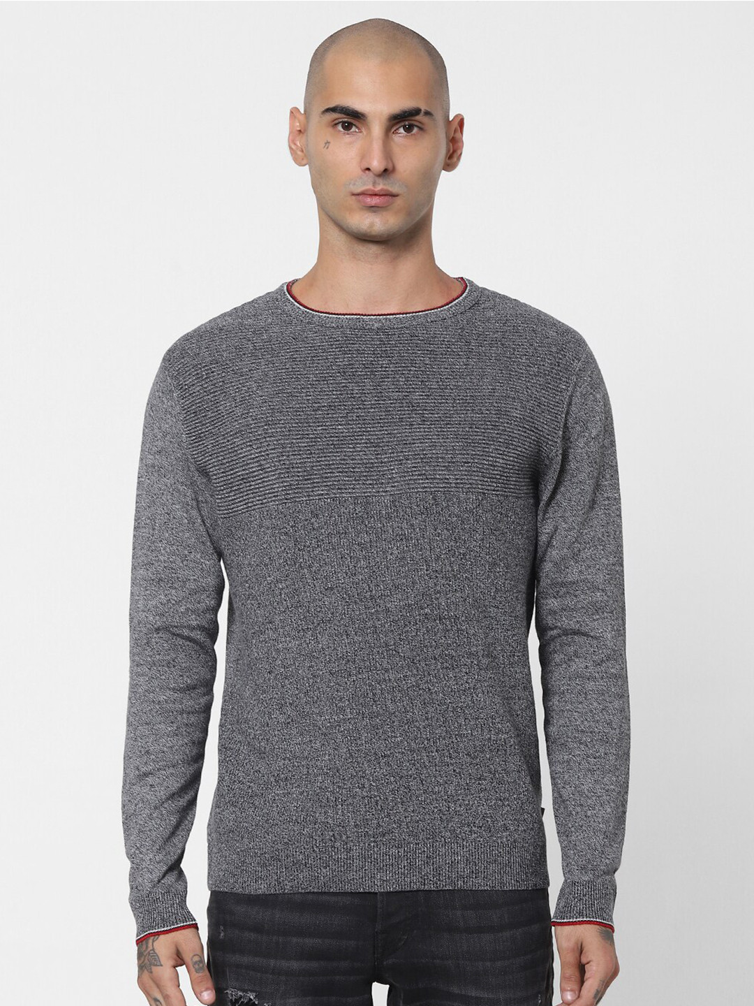 Buy Jack & Jones Men Grey Ribbed Cotton Pullover Sweater Sweaters for