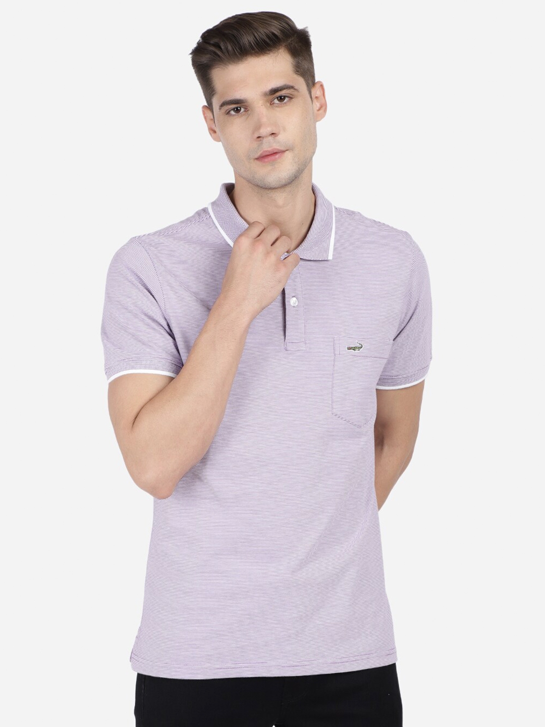 Buy Crocodile Men Lavender Polo Collar Pockets Slim Fit T Shirt ...