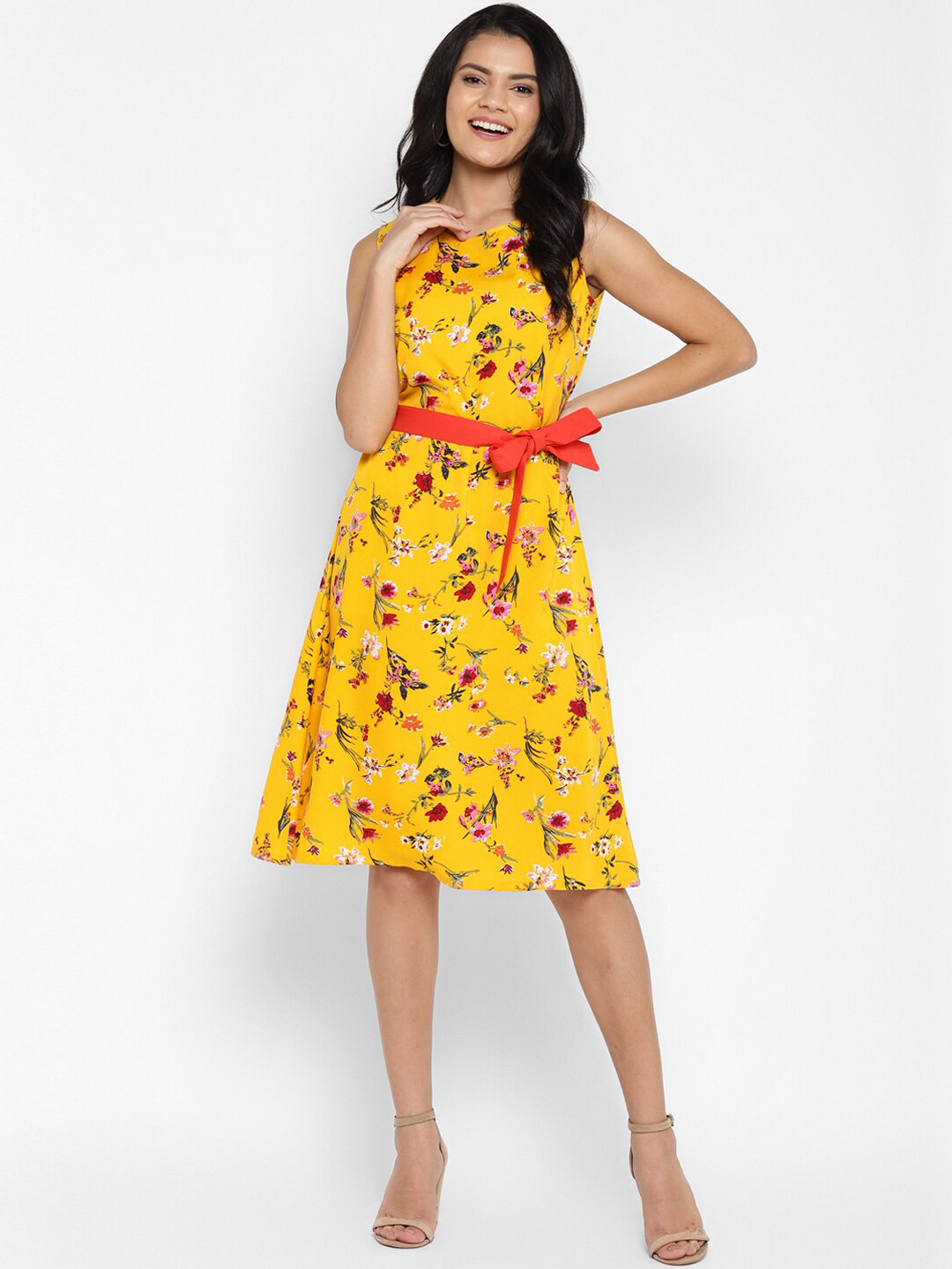Buy DEEBACO Women Yellow & Red Strap Shoulder Floral Dress With Belt